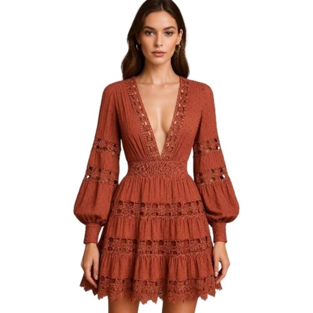 L'ATISTE Deep V-Neck Rust Dress